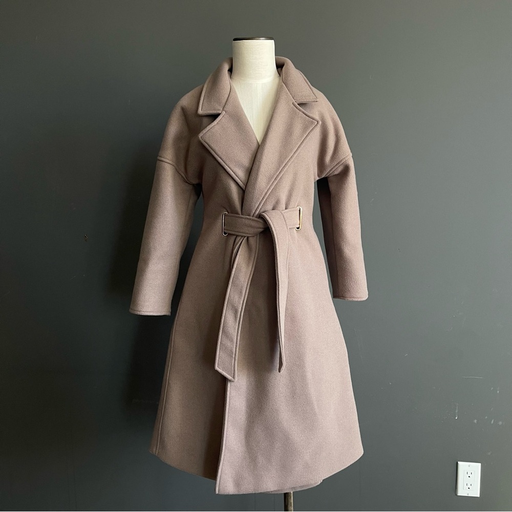 SJSJ Wool Blend Wrap Coat Taupe Belted Minimalist Toteme Chelsea Style Elegant